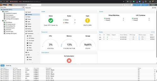 Datacenter summary: 2 nodes online, quorate cluster, 3 VMs running