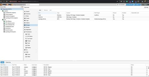 Shared synology-nfs-ha storage, plus the migrate and HA tasks in the log