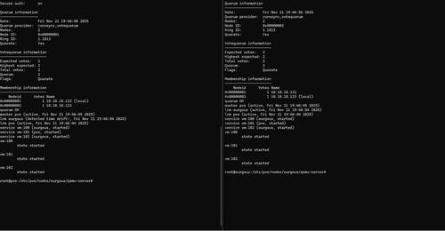 Quorum and HA status on both nodes: quorum OK, all 3 HA services started