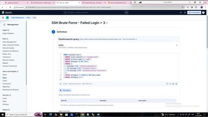 ES|QL detection rule for SSH brute force (failed password, invalid user)
