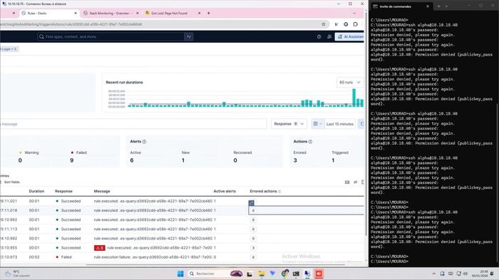 Testing the rule: simulated failed SSH logins raise live alerts