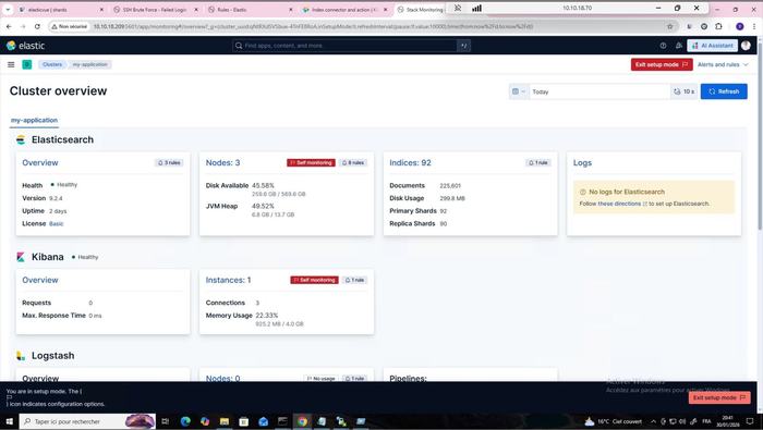 Elastic Stack monitoring: healthy 3-node cluster, 92 indices, 225k documents