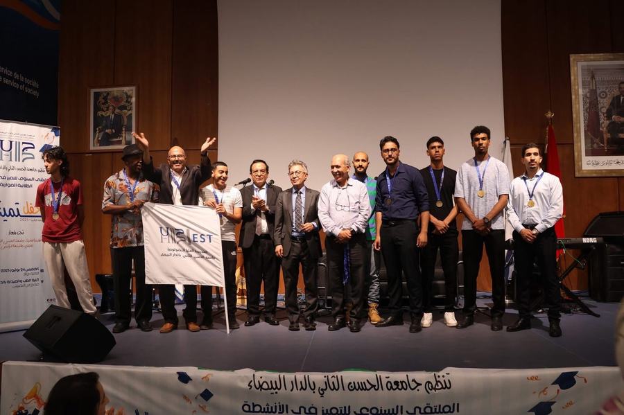 EST Casablanca delegation on stage at the excellence ceremony, Hassan II University of Casablanca, 24 July 2025